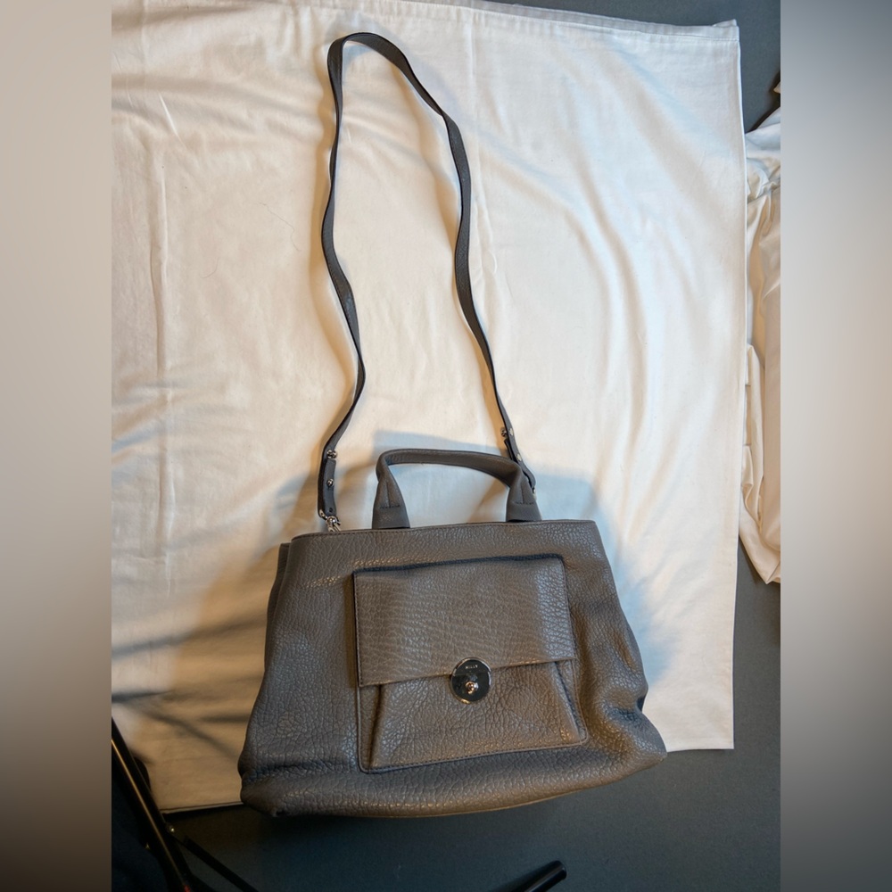 Milly Wythe Grey Leather Crossbody Satchel Purse Silver Tone Hardware - Picture 14 of 15